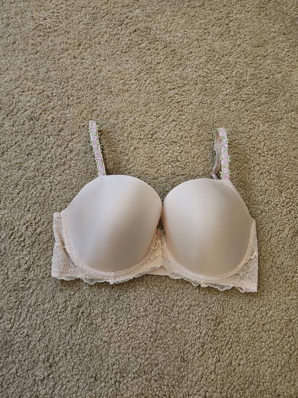 Victoria's Secret Women's Light Pink Lace Lined Demi Bra with Floral Strap 36DDD